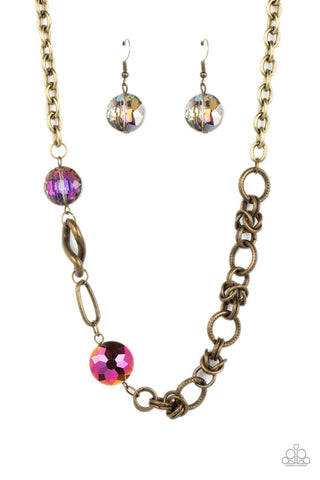 CELESTIALLY CELTIC - BRASS CHAIN OIL SPILL GEM NECKLACE - PAPARAZZI