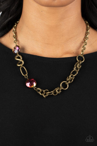 CELESTIALLY CELTIC - BRASS CHAIN OIL SPILL GEM NECKLACE - PAPARAZZI
