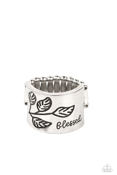 BLESSED WITH BLING - SILVER FLORAL RING - PAPARAZZI