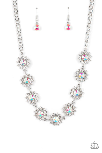 BLOOMING BRILLIANCE - MULTI IRIDESCENT AND WHITE RHINESTONE SILVER NECKLACE - PAPARAZZI LIFE OF THE PARTY JANUARY 2023