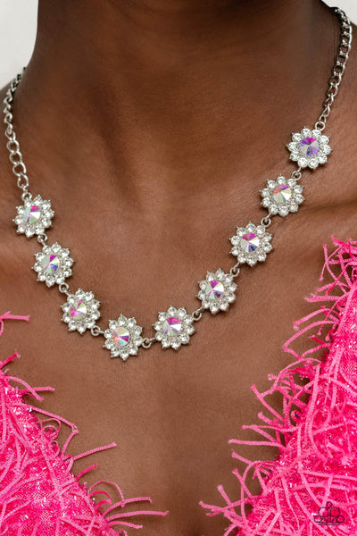 BLOOMING BRILLIANCE - MULTI IRIDESCENT AND WHITE RHINESTONE SILVER NECKLACE - PAPARAZZI LIFE OF THE PARTY JANUARY 2023