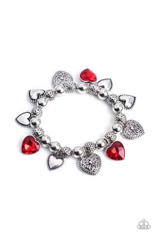CHARMING CRUSH - RED GEM AND SILVER HEART CHARM STRETCHY BRACELET - PAPARAZZI LIFE OF THE PARTY JANUARY 2023