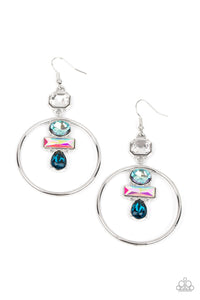 GEOMETRIC GLAM - BLUE AND IRIDESCENT GEM SILVER CIRCLE EARRINGS - PAPARAZZI LIFE OF THE PARTY JANUARY 2023