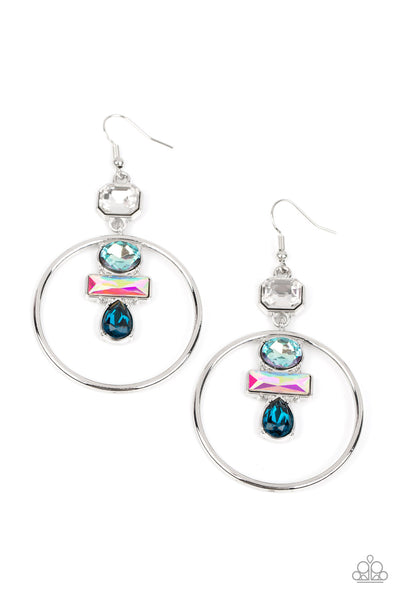 GEOMETRIC GLAM - BLUE AND IRIDESCENT GEM SILVER CIRCLE EARRINGS - PAPARAZZI LIFE OF THE PARTY JANUARY 2023