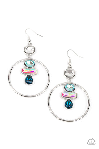 GEOMETRIC GLAM - BLUE AND IRIDESCENT GEM SILVER CIRCLE EARRINGS - PAPARAZZI LIFE OF THE PARTY JANUARY 2023