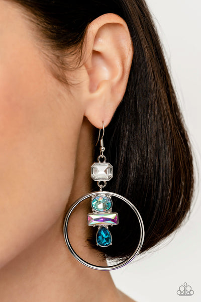 GEOMETRIC GLAM - BLUE AND IRIDESCENT GEM SILVER CIRCLE EARRINGS - PAPARAZZI LIFE OF THE PARTY JANUARY 2023