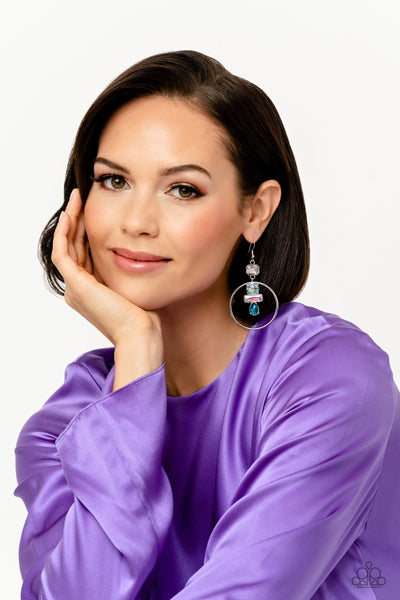 GEOMETRIC GLAM - BLUE AND IRIDESCENT GEM SILVER CIRCLE EARRINGS - PAPARAZZI LIFE OF THE PARTY JANUARY 2023