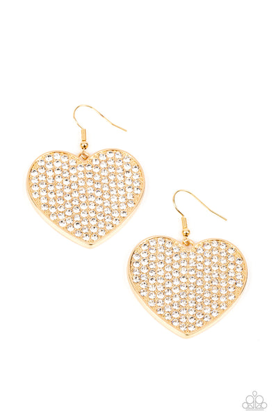 ROMANTIC REIGN - GOLD WHITE RHINESTONE HEART EARRINGS - PAPARAZZI