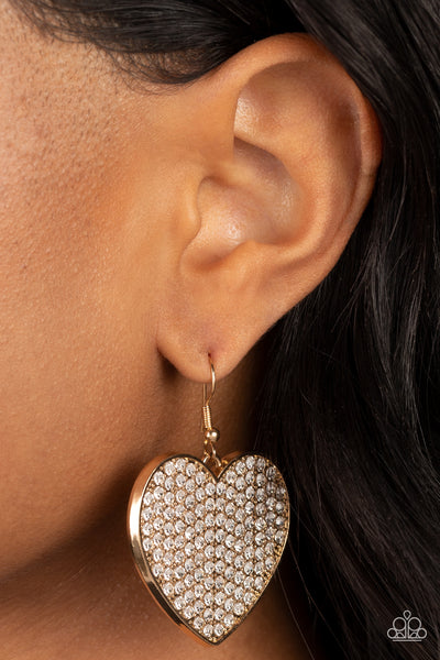 ROMANTIC REIGN - GOLD WHITE RHINESTONE HEART EARRINGS - PAPARAZZI