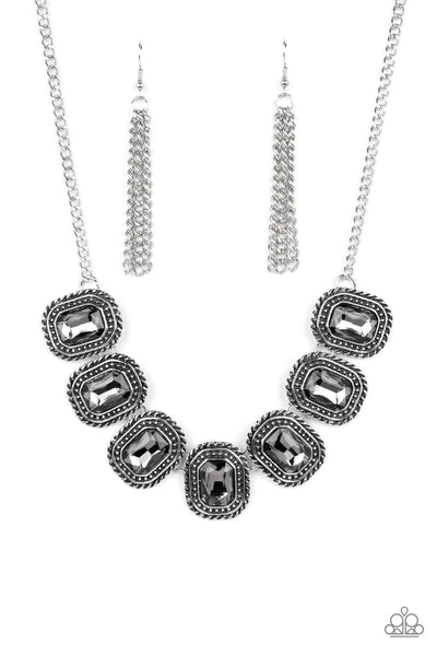 ICED IRON - SILVER SMOKY GEM HEMATITE RHINESTONE NECKLACE - PAPARAZZI 2022 CONVENTION EXCLUSIVES