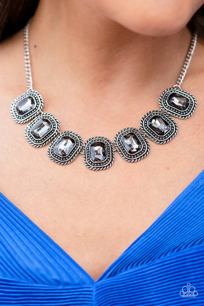 ICED IRON - SILVER SMOKY GEM HEMATITE RHINESTONE NECKLACE - PAPARAZZI 2022 CONVENTION EXCLUSIVES