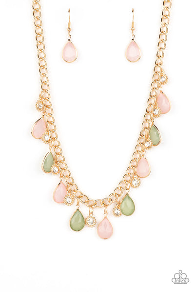 FROSTED AND FRAMED - MULTI GREEN AND PINK BEAD GOLD CHAIN NECKLACE - PAPARAZZI