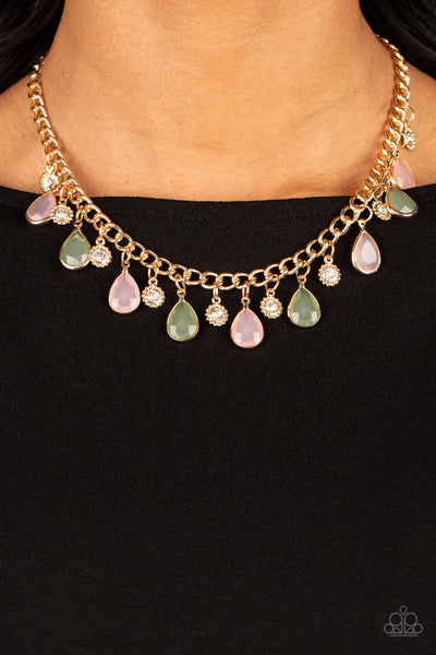 FROSTED AND FRAMED - MULTI GREEN AND PINK BEAD GOLD CHAIN NECKLACE - PAPARAZZI