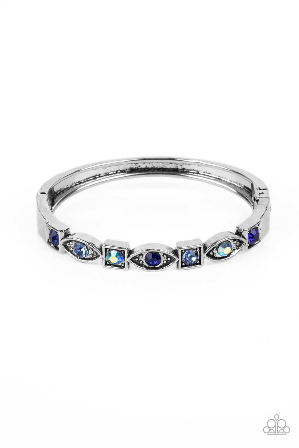 POETICALLY PICTURESQUE - BLUE AND IRIDESCENT RHINESTONE SILVER HINGED BRACELET - PAPARAZZI