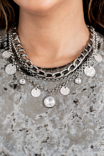 INDUSTRIAL NOISE - WHITE RHINESTONE SILVER DISC NECKLACE - PAPARAZZI FASHION FIX SEPTEMBER 2022