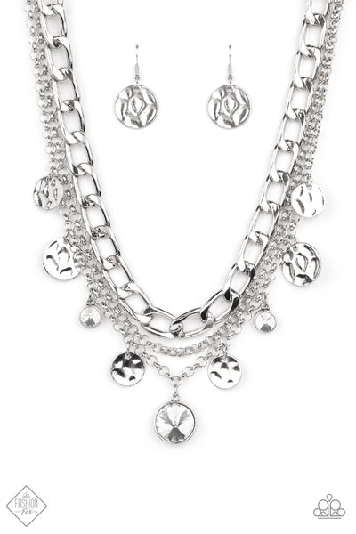 INDUSTRIAL NOISE - WHITE RHINESTONE SILVER DISC NECKLACE - PAPARAZZI FASHION FIX SEPTEMBER 2022