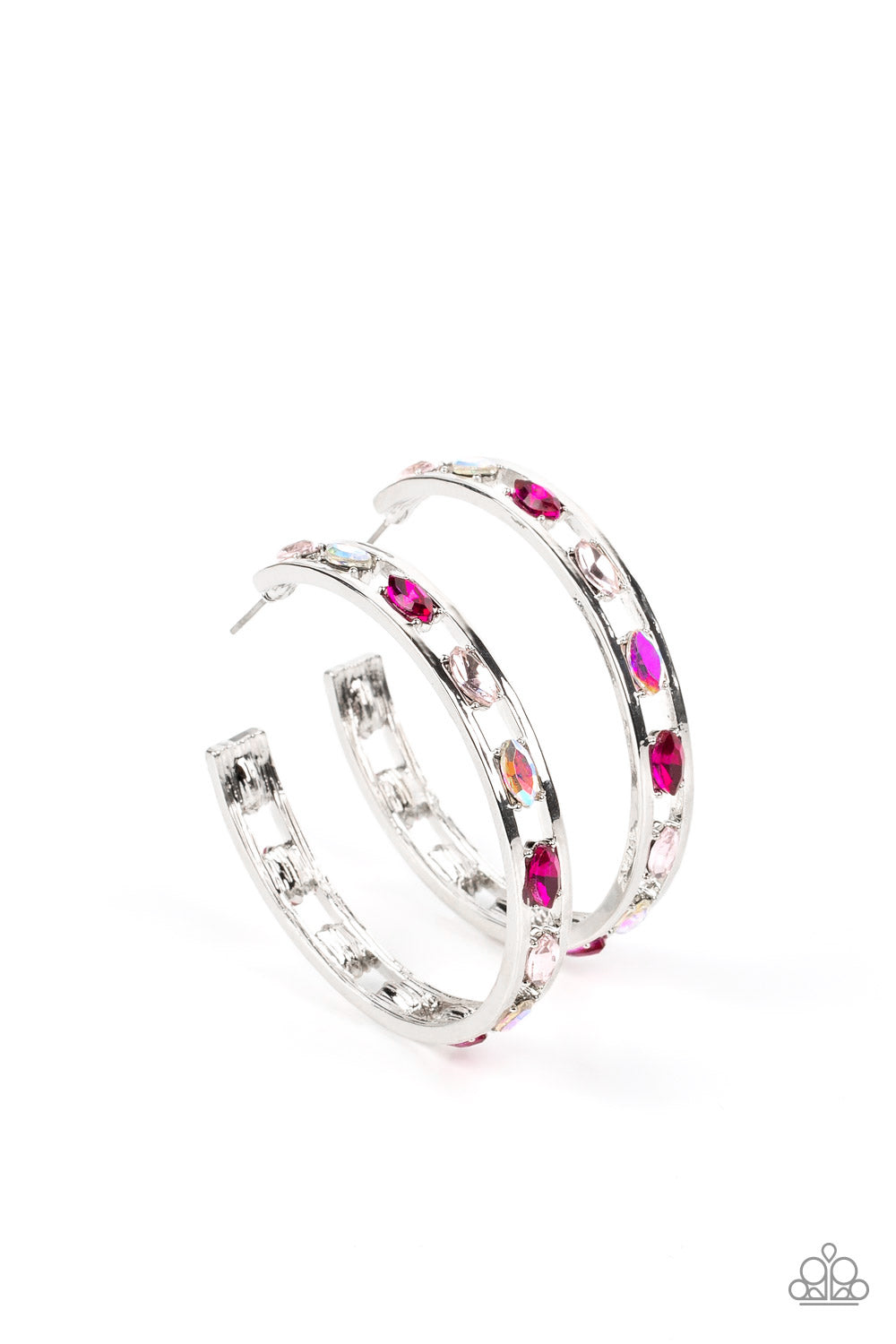 THE GEM FAIRY - PINK AND IRIDESCENT RHINESTONE SILVER HOOP EARRINGS - PAPARAZZI LIFE OF THE PARTY FEBRUARY 2023