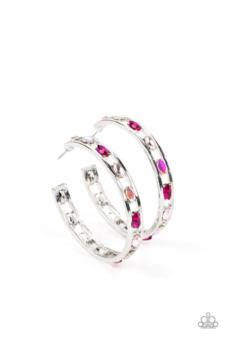 THE GEM FAIRY - PINK AND IRIDESCENT RHINESTONE SILVER HOOP EARRINGS - PAPARAZZI LIFE OF THE PARTY FEBRUARY 2023