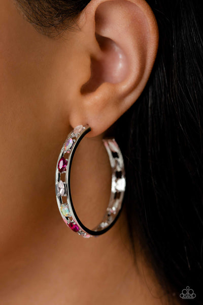 THE GEM FAIRY - PINK AND IRIDESCENT RHINESTONE SILVER HOOP EARRINGS - PAPARAZZI LIFE OF THE PARTY FEBRUARY 2023
