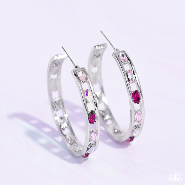 THE GEM FAIRY - PINK AND IRIDESCENT RHINESTONE SILVER HOOP EARRINGS - PAPARAZZI LIFE OF THE PARTY FEBRUARY 2023