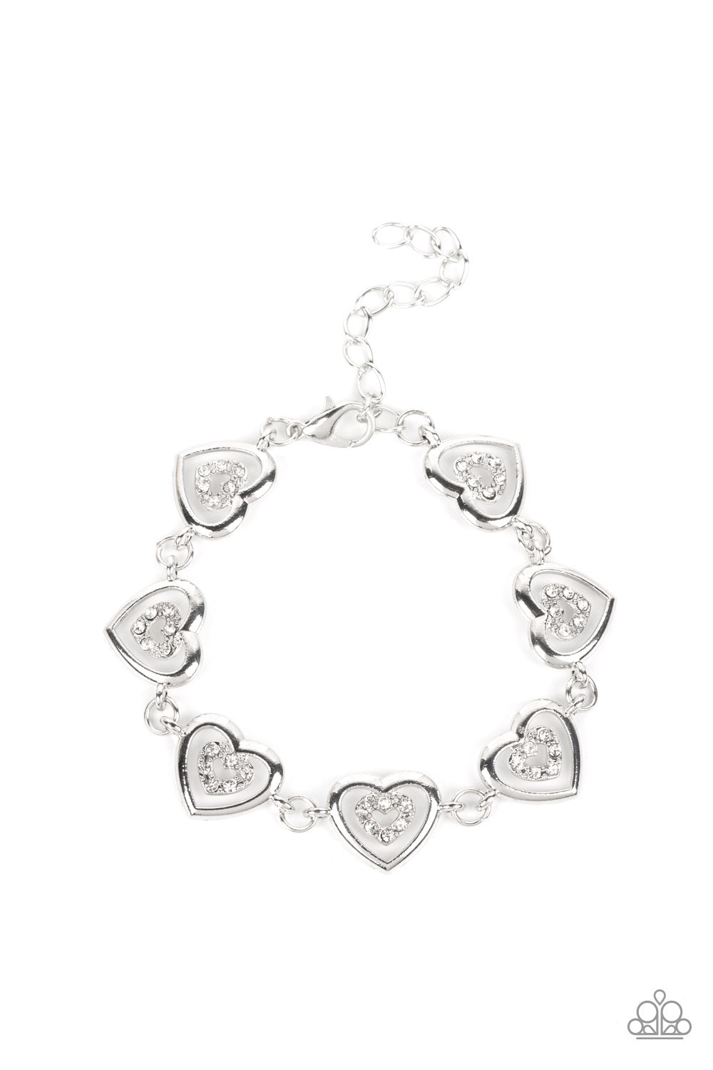 CATCHING FEELINGS - WHITE RHINESTONE SILVER HEART BRACELET - PAPARAZZI