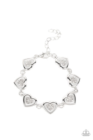 CATCHING FEELINGS - WHITE RHINESTONE SILVER HEART BRACELET - PAPARAZZI