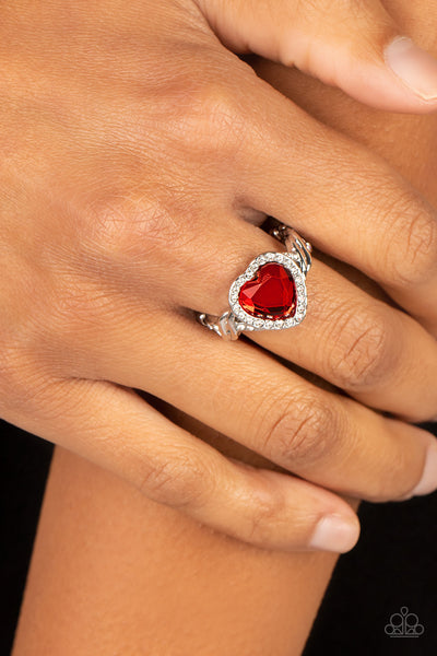 COMMITTED TO CUPID - RED GEM WHITE RHINESTONE SILVER HEART RING - PAPARAZZI