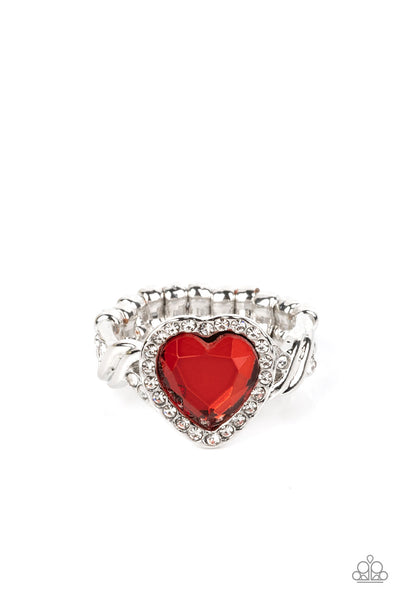 COMMITTED TO CUPID - RED GEM WHITE RHINESTONE SILVER HEART RING - PAPARAZZI