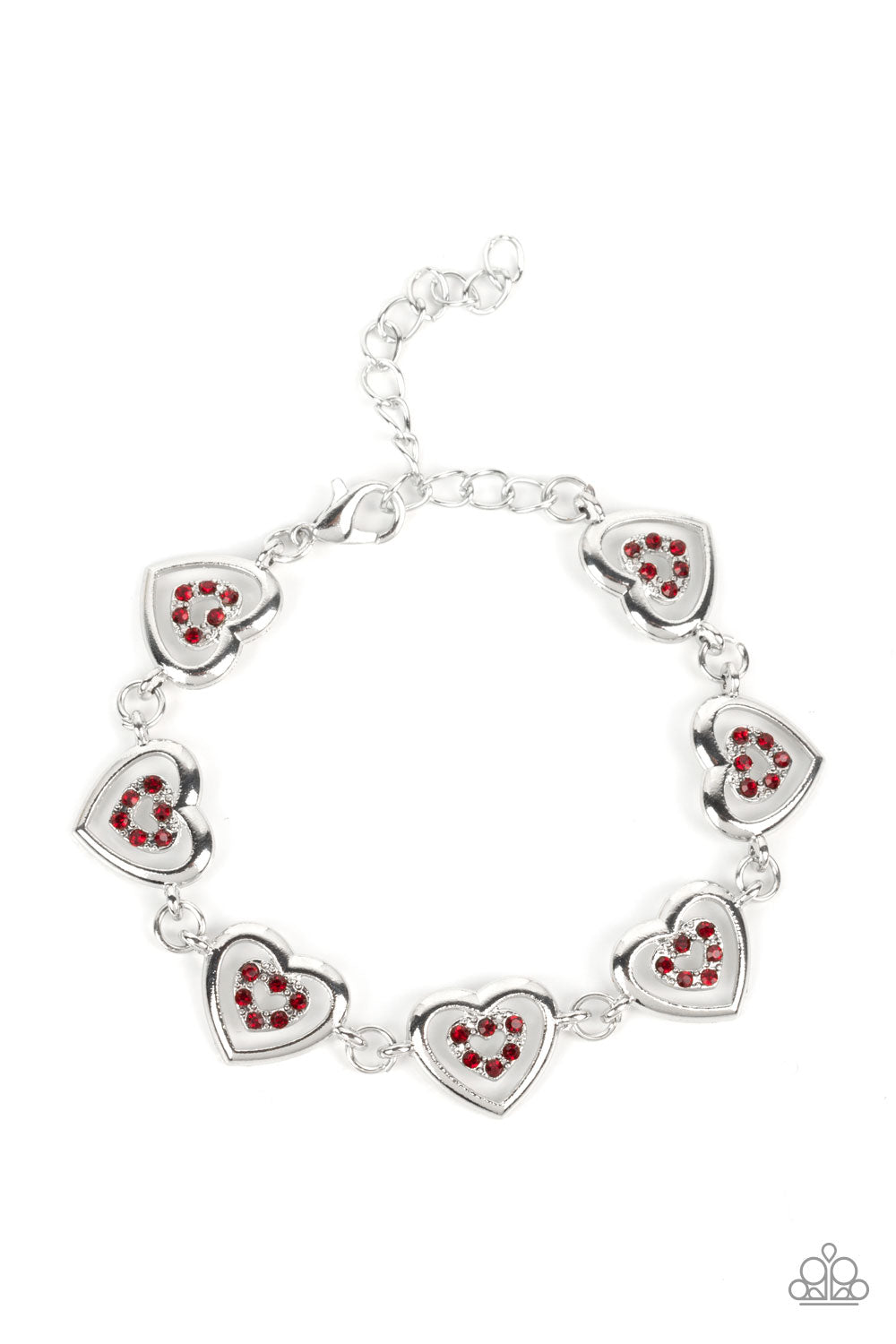 CATCHING FEELINGS - RED RHINESTONE SILVER HEART BRACELET - PAPARAZZI