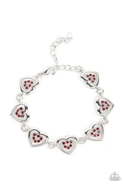 CATCHING FEELINGS - RED RHINESTONE SILVER HEART BRACELET - PAPARAZZI