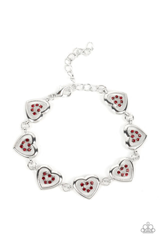 CATCHING FEELINGS - RED RHINESTONE SILVER HEART BRACELET - PAPARAZZI