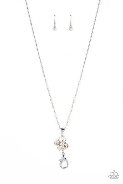 RAINBOW BLOOM - WHITE AND IRIDESCENT RHINESTONE SILVER LANYARD NECKLACE - PAPARAZZI