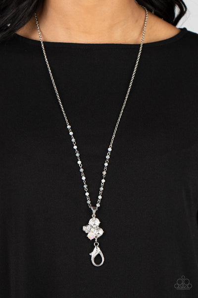 RAINBOW BLOOM - WHITE AND IRIDESCENT RHINESTONE SILVER LANYARD NECKLACE - PAPARAZZI