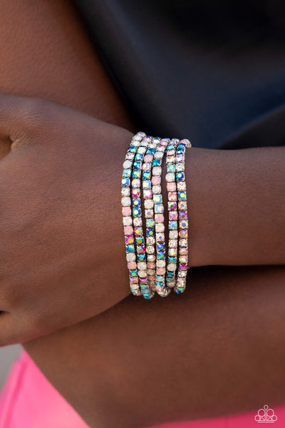 ROCK CANDY RANGE - MULTI IRIDESCENT RHINESTONE SILVER STRETCHY BRACELET SET - PAPARAZZI LIFE OF THE PARTY DECEMBER 2022