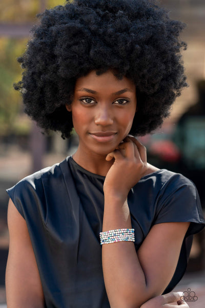 ROCK CANDY RANGE - MULTI IRIDESCENT RHINESTONE SILVER STRETCHY BRACELET SET - PAPARAZZI LIFE OF THE PARTY DECEMBER 2022