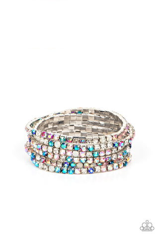ROCK CANDY RANGE - MULTI IRIDESCENT RHINESTONE SILVER STRETCHY BRACELET SET - PAPARAZZI LIFE OF THE PARTY DECEMBER 2022