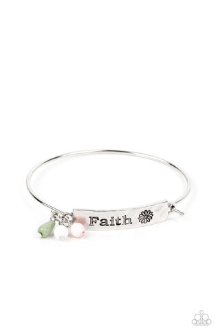 FLIRTING WITH FAITH - GREEN PINK AND WHITE BEAD "FAITH" SILVER BRACELET - PAPARAZZI