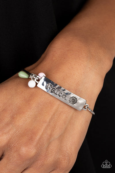 FLIRTING WITH FAITH - GREEN PINK AND WHITE BEAD "FAITH" SILVER BRACELET - PAPARAZZI
