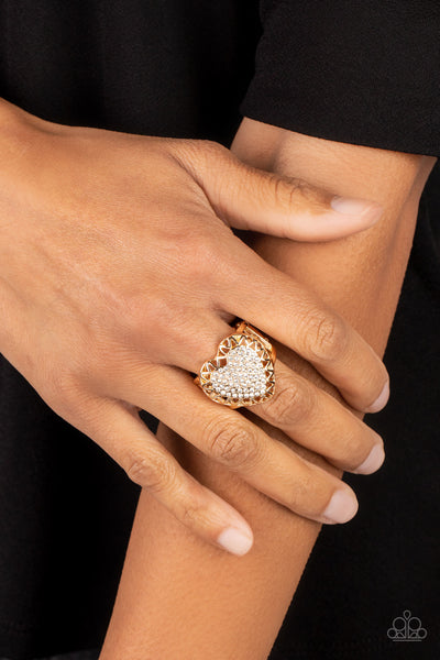 ROMANTIC ESCAPE - GOLD HEART WHITE RHINESTONE RING - PAPARAZZI
