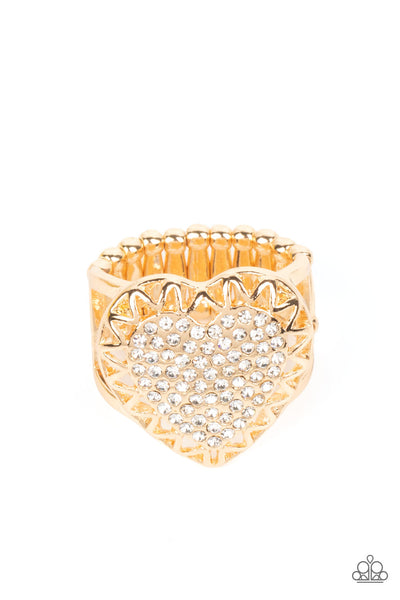 ROMANTIC ESCAPE - GOLD HEART WHITE RHINESTONE RING - PAPARAZZI
