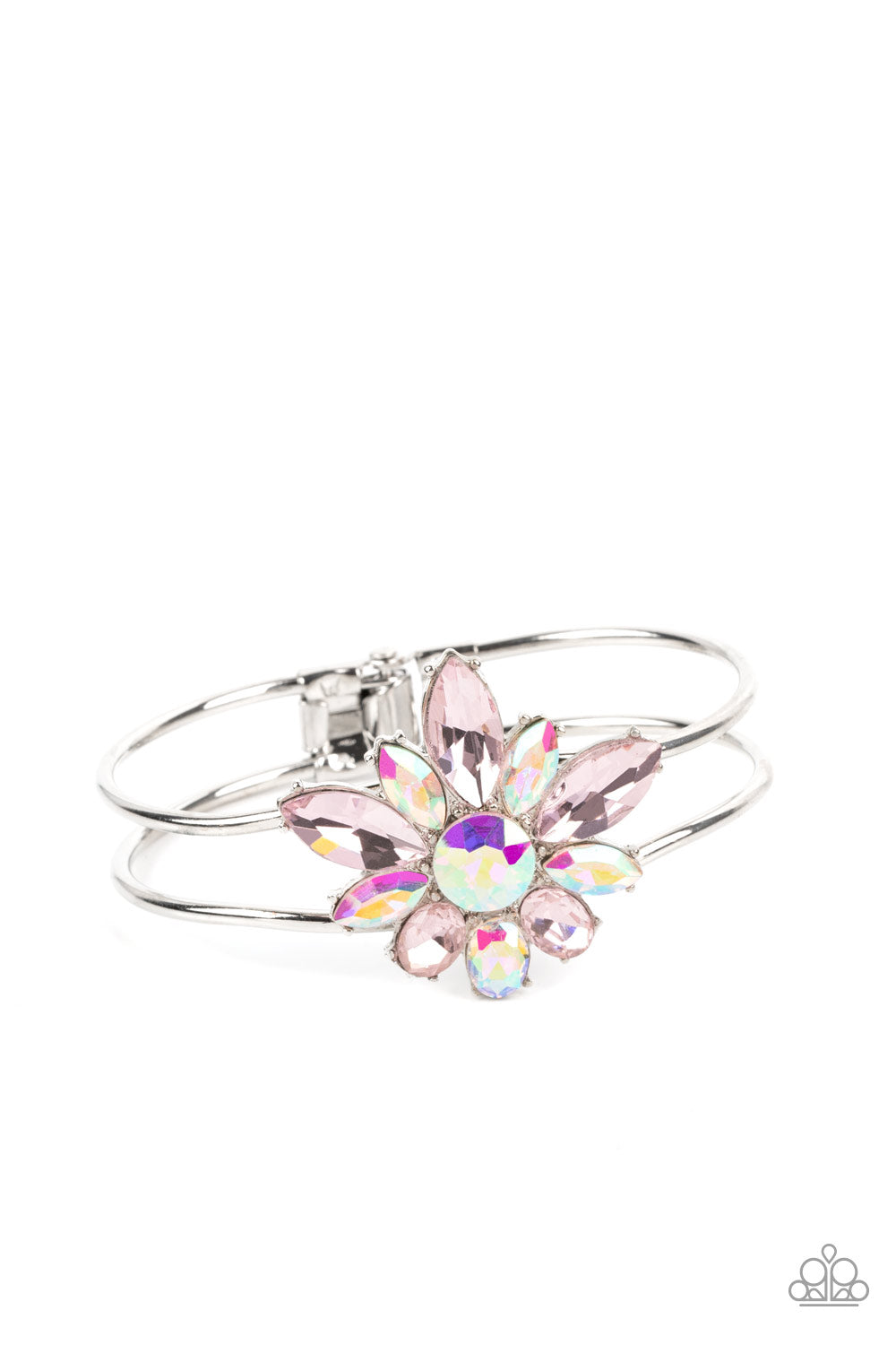 CHIC CORSAGE - MULTI IRIDESCENT AND PINK GEM FLOWER SILVER HINGED BRACELET - PAPARAZZI LIFE OF THE PARTY FEBRUARY 2023