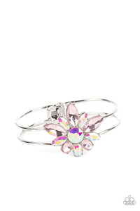 CHIC CORSAGE - MULTI IRIDESCENT AND PINK GEM FLOWER SILVER HINGED BRACELET - PAPARAZZI LIFE OF THE PARTY FEBRUARY 2023