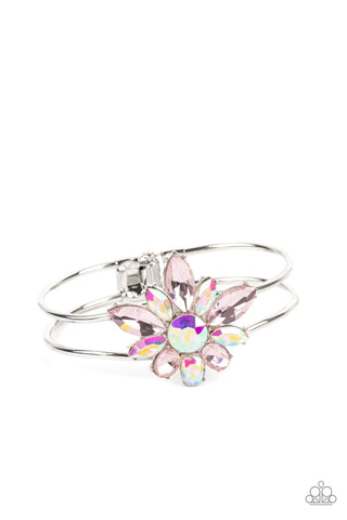 CHIC CORSAGE - MULTI IRIDESCENT AND PINK GEM FLOWER SILVER HINGED BRACELET - PAPARAZZI LIFE OF THE PARTY FEBRUARY 2023