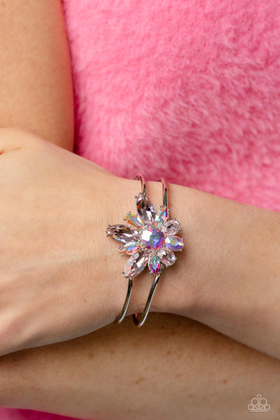 CHIC CORSAGE - MULTI IRIDESCENT AND PINK GEM FLOWER SILVER HINGED BRACELET - PAPARAZZI LIFE OF THE PARTY FEBRUARY 2023