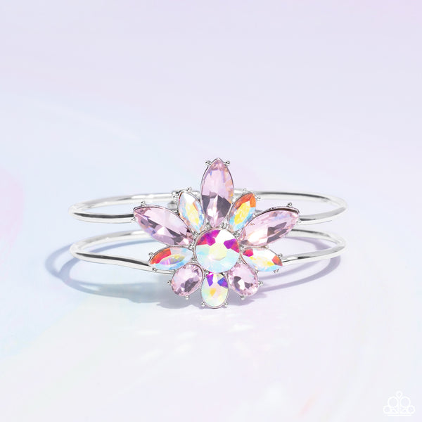 CHIC CORSAGE - MULTI IRIDESCENT AND PINK GEM FLOWER SILVER HINGED BRACELET - PAPARAZZI LIFE OF THE PARTY FEBRUARY 2023