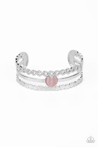 YOU WIN MY HEART - PINK CAT'S EYE AND SILVER HEART CUFF BRACELET - PAPARAZZI