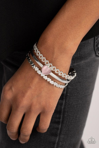 YOU WIN MY HEART - PINK CAT'S EYE AND SILVER HEART CUFF BRACELET - PAPARAZZI