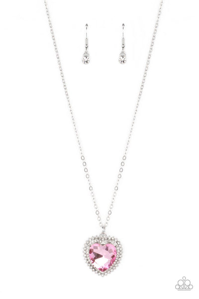 SWEETHEARTS STROLL - PINK HEART GEM SILVER NECKLACE - PAPARAZZI