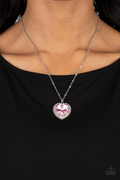 SWEETHEARTS STROLL - PINK HEART GEM SILVER NECKLACE - PAPARAZZI