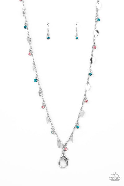 SHARP-EDGED SHIMMER - MULTI PINK AND BLUE RHINESTONE SILVER LANYARD NECKLACE - PAPARAZZI